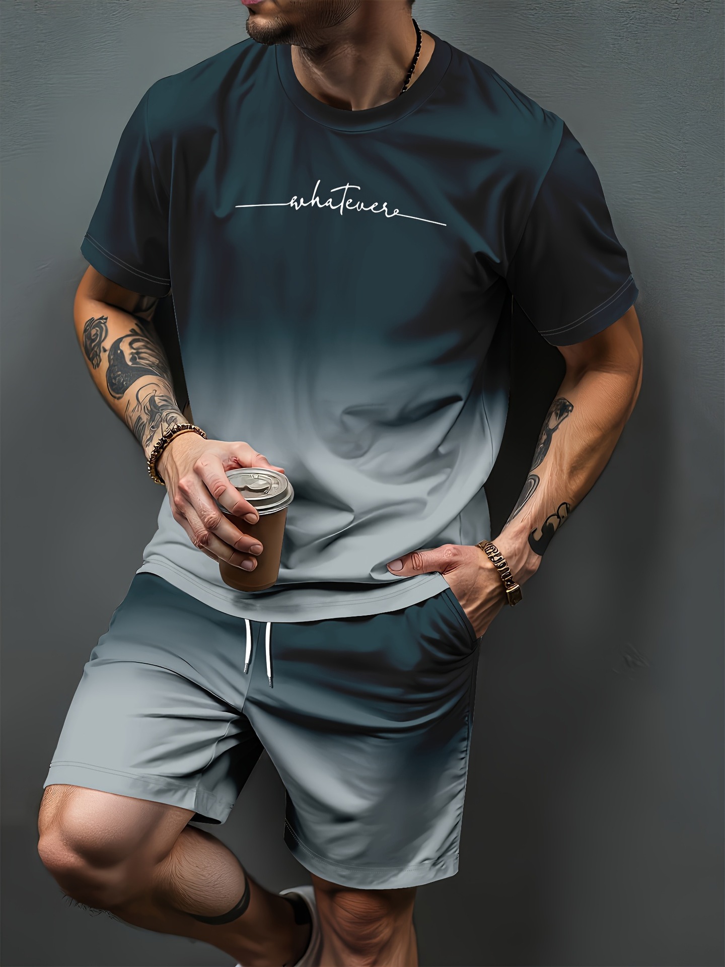 Summer Clothing For Young Men - Gradiënt Letter Patroon 3D Print Trainingspakken