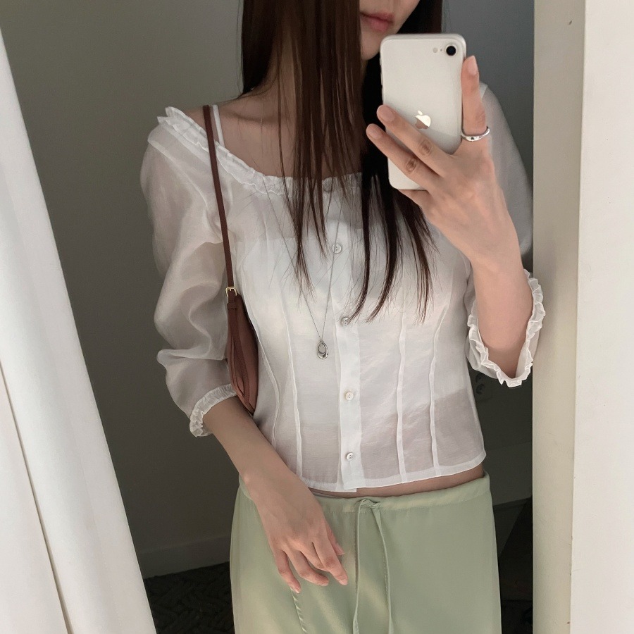 Quality Summer Clothing - Elegant overhemd met vierkante kraag, kanten