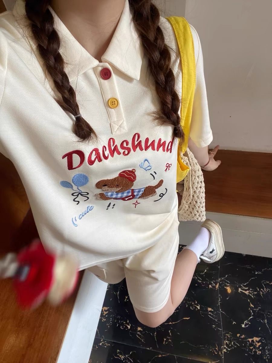 Summer Clothing For Japan - Kawaii Borduren Hond Japan Stijl Poloshirt